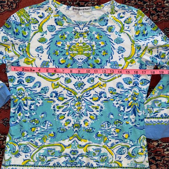 Barbara Gerwit L Aqua Blue/Green Print Stretch Cotton Long Sleeve T-Shirt - Picture 3 of 7